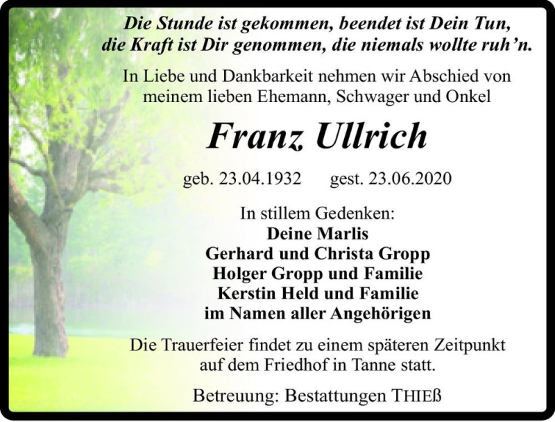  Traueranzeige für Franz Ullrich  vom 04.07.2020 aus Magdeburger Volksstimme