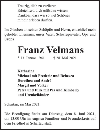 Traueranzeige von Franz Velmans  von Magdeburger Volksstimme