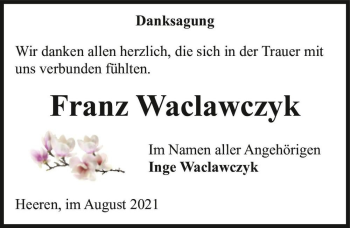 Traueranzeige von Franz Waclawczyk  von Magdeburger Volksstimme