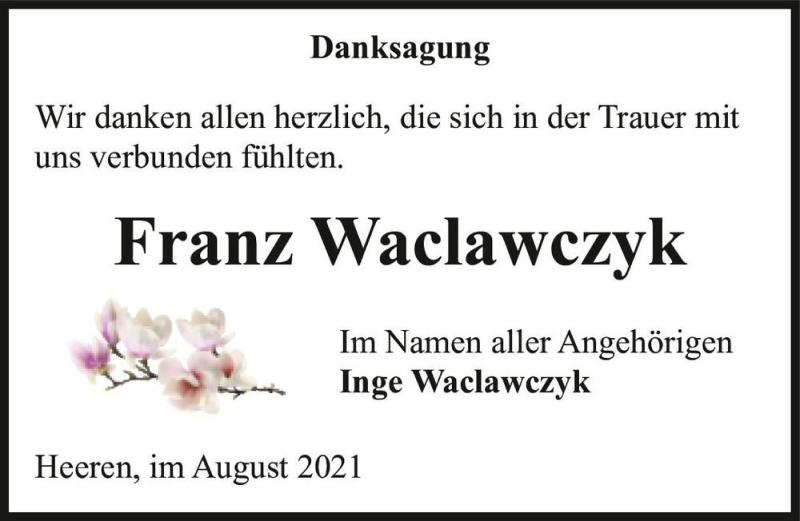  Traueranzeige für Franz Waclawczyk  vom 14.08.2021 aus Magdeburger Volksstimme