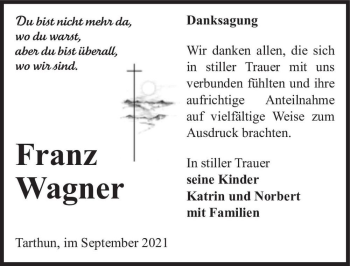 Traueranzeige von Franz Wagner  von Magdeburger Volksstimme