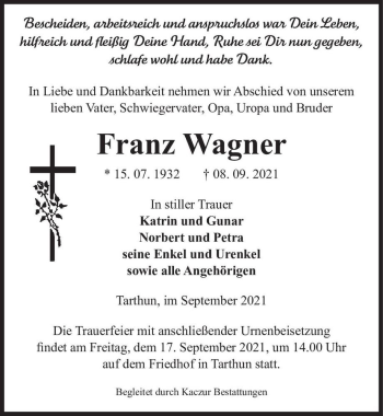 Traueranzeige von Franz Wagner  von Magdeburger Volksstimme