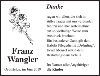 Traueranzeige von Franz Wangler  von Magdeburger Volksstimme