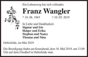 Traueranzeige von Franz Wangler  von Magdeburger Volksstimme