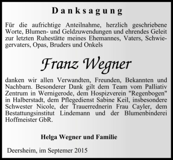 Traueranzeige von Franz Wegner  von Magdeburger Volksstimme
