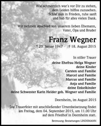 Traueranzeige von Franz Wegner  von Magdeburger Volksstimme