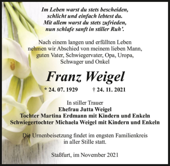 Traueranzeige von Franz Weigel  von Magdeburger Volksstimme