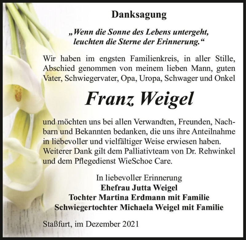  Traueranzeige für Franz Weigel  vom 18.12.2021 aus Magdeburger Volksstimme
