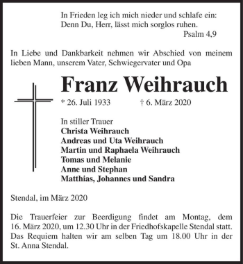 Traueranzeige von Franz Weihrauch  von Magdeburger Volksstimme