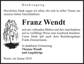 Traueranzeige von Franz Wendt  von Magdeburger Volksstimme