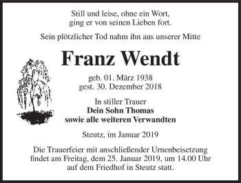 Traueranzeige von Franz Wendt  von Magdeburger Volksstimme