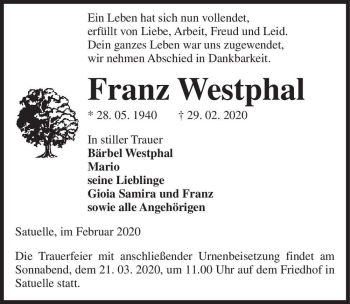 Traueranzeige von Franz Westphal  von Magdeburger Volksstimme