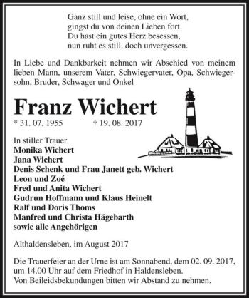 Traueranzeige von Franz Wichert  von Magdeburger Volksstimme