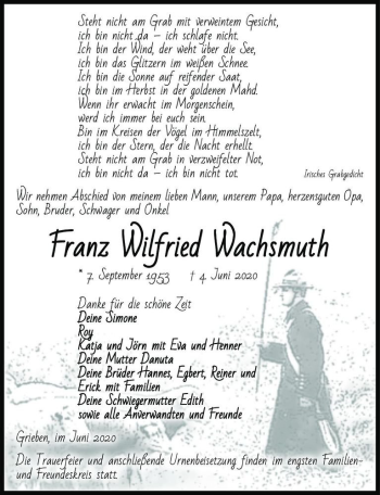 Traueranzeige von Franz Wilfried Wachsmuth  von Magdeburger Volksstimme