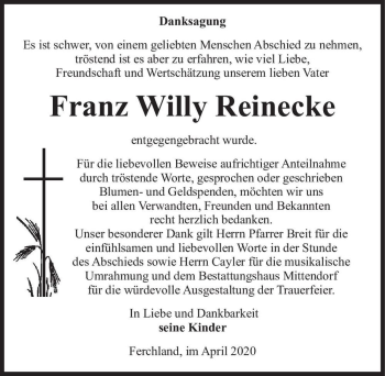 Traueranzeige von Franz Willy Reinecke  von Magdeburger Volksstimme