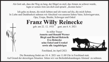 Traueranzeige von Franz Wily Reinecke  von Magdeburger Volksstimme