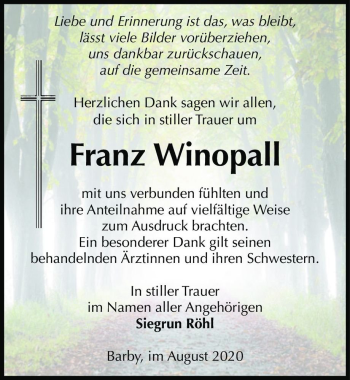 Traueranzeige von Franz Winopall  von Magdeburger Volksstimme