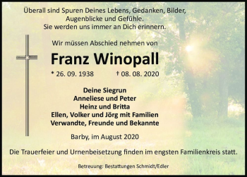 Traueranzeige von Franz Winopall  von Magdeburger Volksstimme