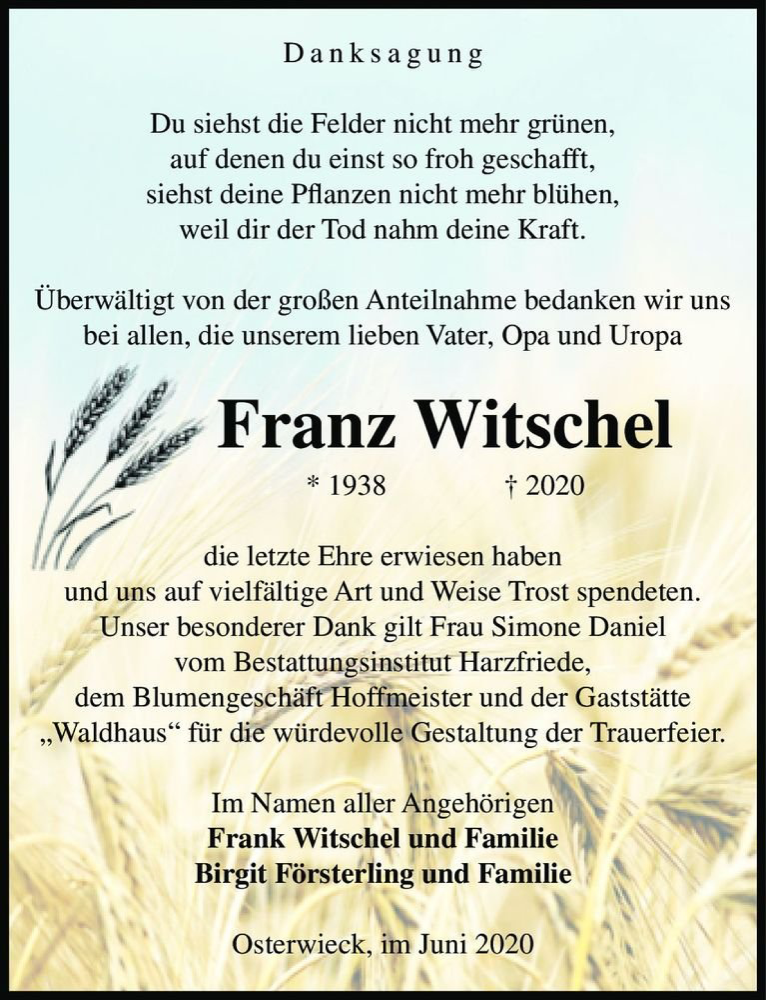  Traueranzeige für Franz Witschel  vom 27.06.2020 aus Magdeburger Volksstimme