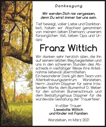 Traueranzeige von Franz Wittich  von Magdeburger Volksstimme