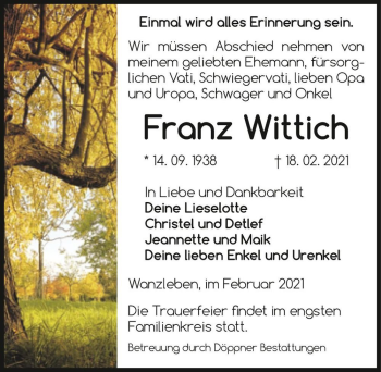 Traueranzeige von Franz Wittich  von Magdeburger Volksstimme