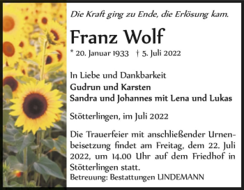 Traueranzeige von Franz Wolf  von Magdeburger Volksstimme