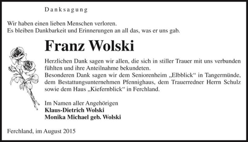  Traueranzeige für Franz Wolski  vom 29.08.2015 aus Magdeburger Volksstimme
