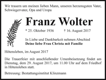 Traueranzeige von Franz Wolter  von Magdeburger Volksstimme
