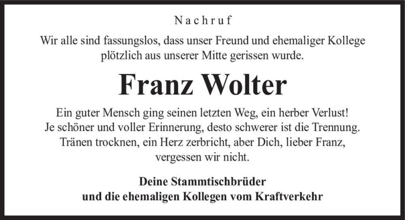  Traueranzeige für Franz Wolter  vom 21.11.2020 aus Magdeburger Volksstimme