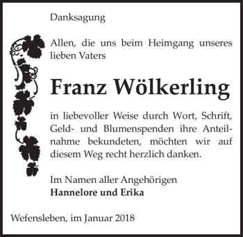Traueranzeige von Franz Wölkerling  von Magdeburger Volksstimme