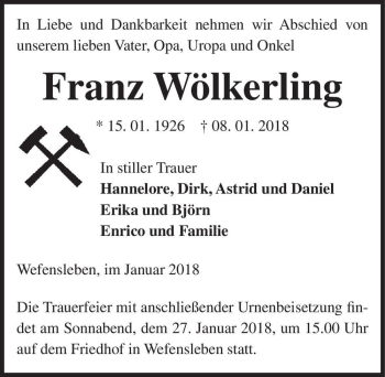 Traueranzeige von Franz Wölkerling  von Magdeburger Volksstimme