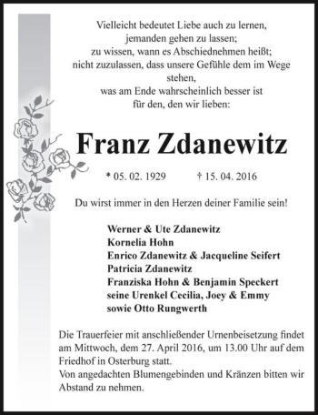 Traueranzeige von Franz Zdanewitz  von Magdeburger Volksstimme