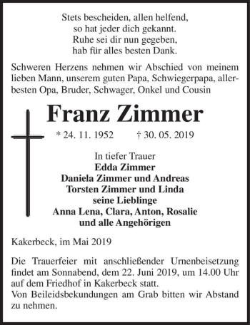 Traueranzeige von Franz Zimmer  von Magdeburger Volksstimme