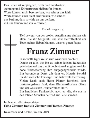 Traueranzeige von Franz Zimmer  von Magdeburger Volksstimme