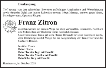 Traueranzeige von Franz Zitron  von Magdeburger Volksstimme