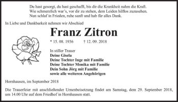 Traueranzeige von Franz Zitron  von Magdeburger Volksstimme