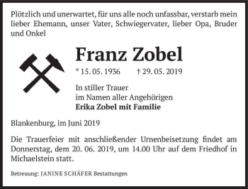Traueranzeige von Franz Zobel  von Magdeburger Volksstimme