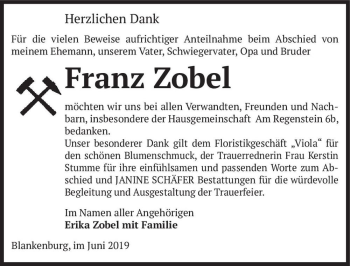 Traueranzeige von Franz Zobel  von Magdeburger Volksstimme