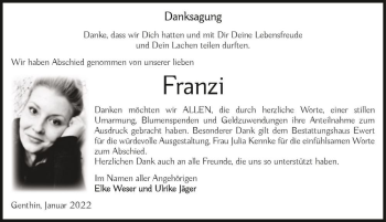 Traueranzeige von Franzi  von Magdeburger Volksstimme