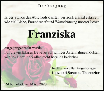 Traueranzeige von Franziska  von Magdeburger Volksstimme