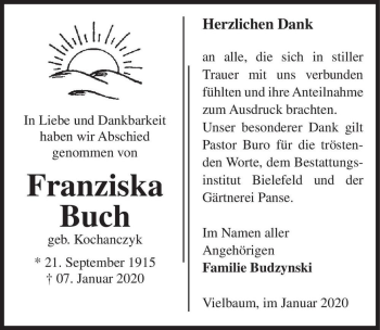Traueranzeige von Franziska Buch (geb. Kochanczyk)  von Magdeburger Volksstimme