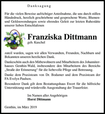 Traueranzeige von Franziska Dittmann (geb. Kuschel)  von Magdeburger Volksstimme