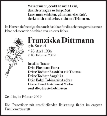 Traueranzeige von Franziska Dittmann (geb. Kuschel)  von Magdeburger Volksstimme