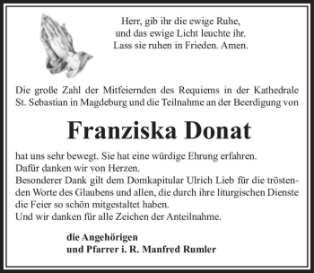 Traueranzeige von Franziska Donat  von Magdeburger Volksstimme