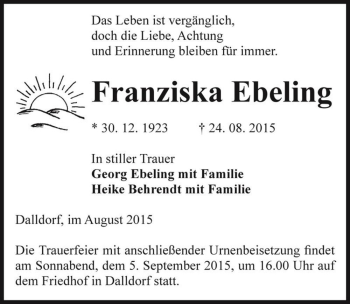 Traueranzeige von Franziska Ebeling  von Magdeburger Volksstimme
