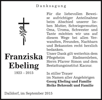 Traueranzeige von Franziska Ebeling  von Magdeburger Volksstimme