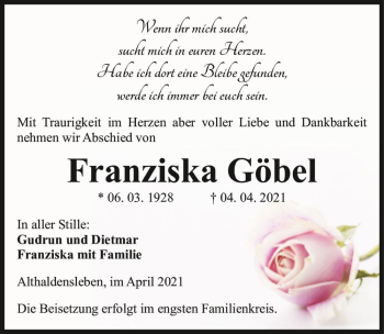 Traueranzeige von Franziska Göbel  von Magdeburger Volksstimme