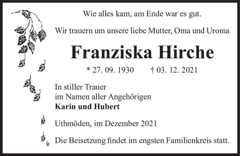  Traueranzeige für Franziska Hirche  vom 11.12.2021 aus Magdeburger Volksstimme
