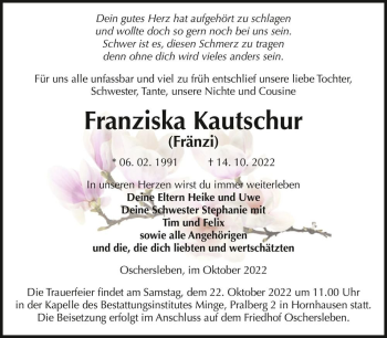 Traueranzeige von Franziska Kautschur (Fränzi)  von Magdeburger Volksstimme