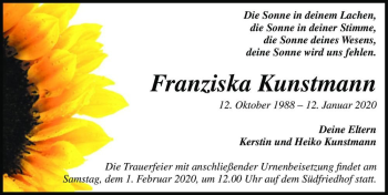 Traueranzeige von Franziska Kunstmann  von Magdeburger Volksstimme